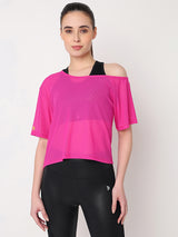 Hot Pink Mesh Off-Shoulder Tee