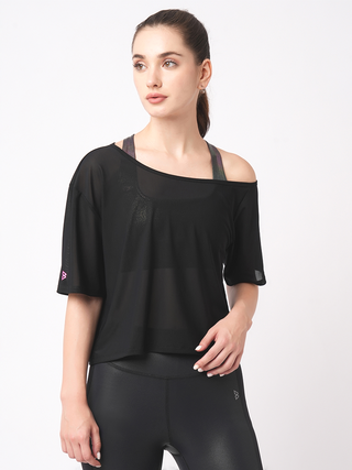 Black Mesh Off-Shoulder Tee
