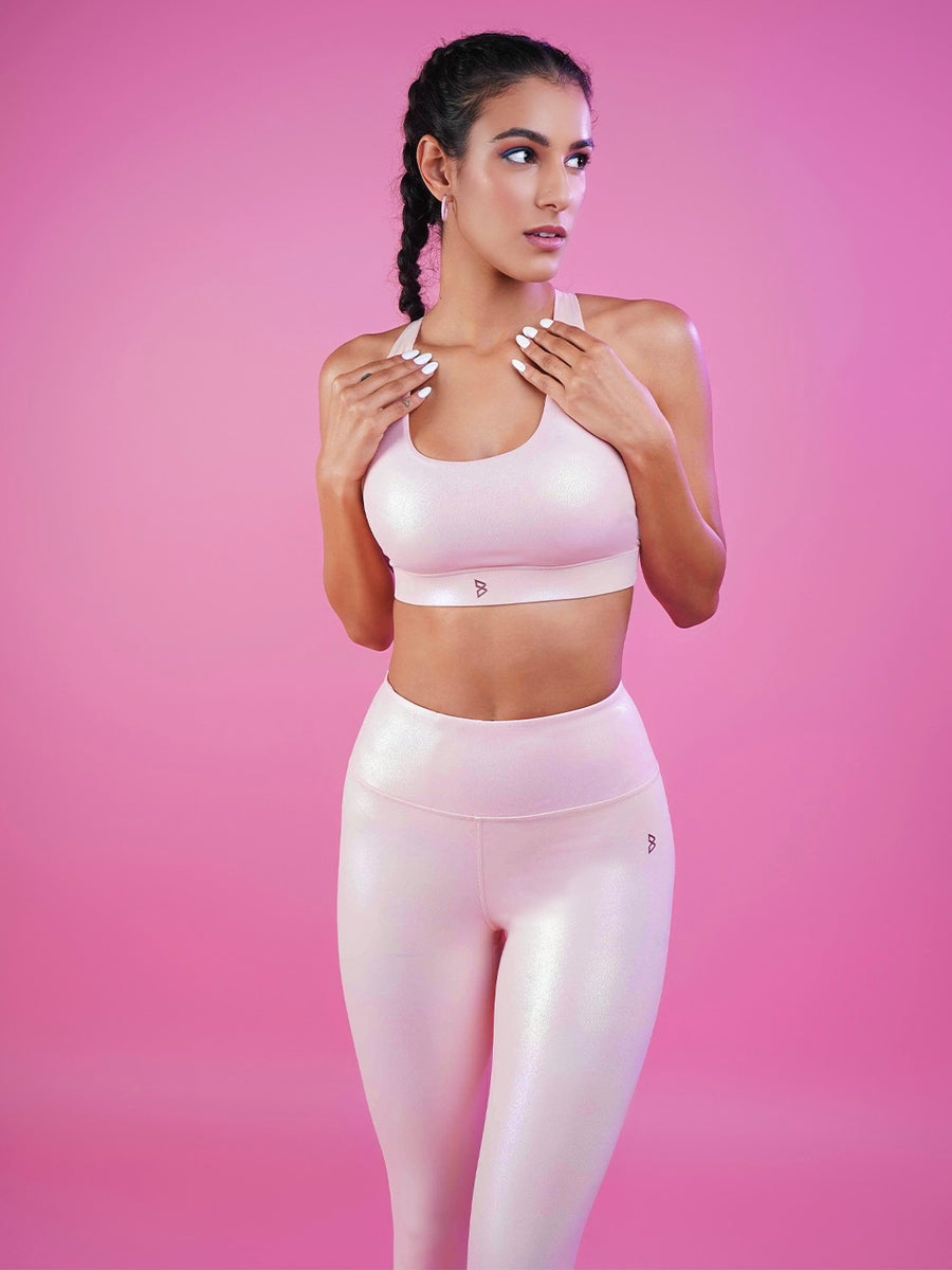 Peachy Pink Holo Tie Up Sports Bra BODD ACTIVE