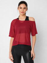 Aurora Red Off Shoulder Mesh Tee