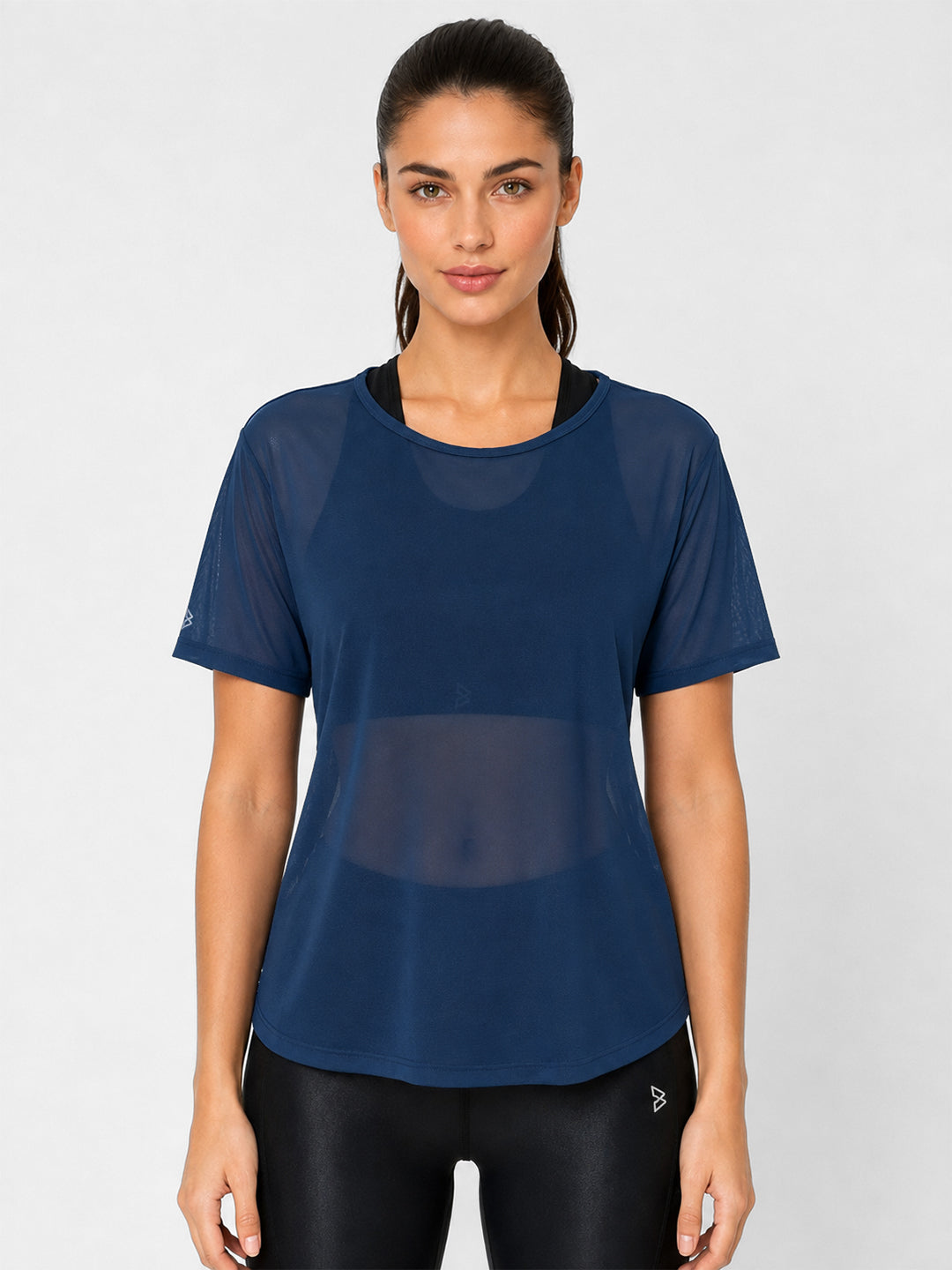 Crystal Teal Twisty Back Mesh Tee