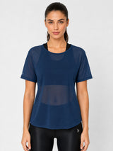 Crystal Teal Twisty Back Mesh Tee