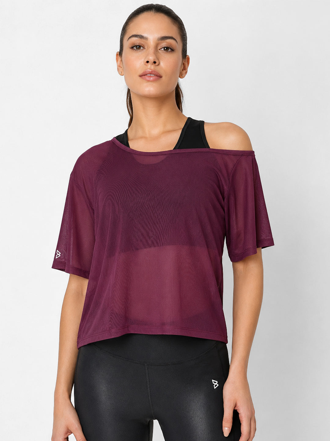 Wine Off-Shoulder Mesh Tee