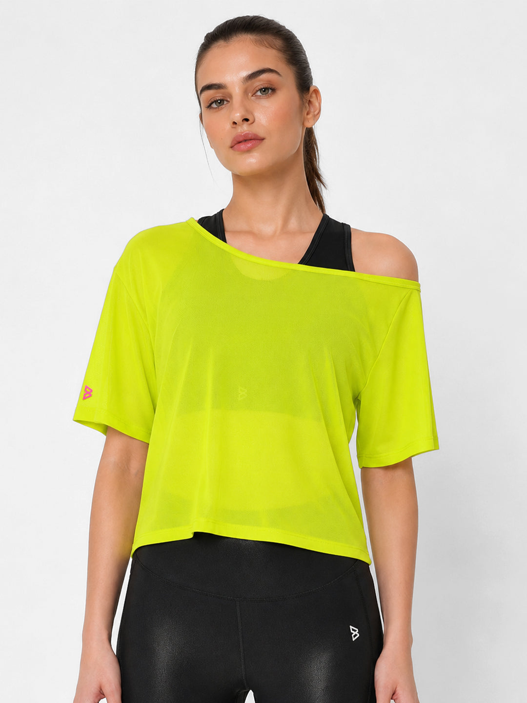 Neon Off-Shoulder Mesh Tee
