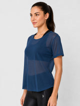 Crystal Teal Twisty Back Mesh Tee