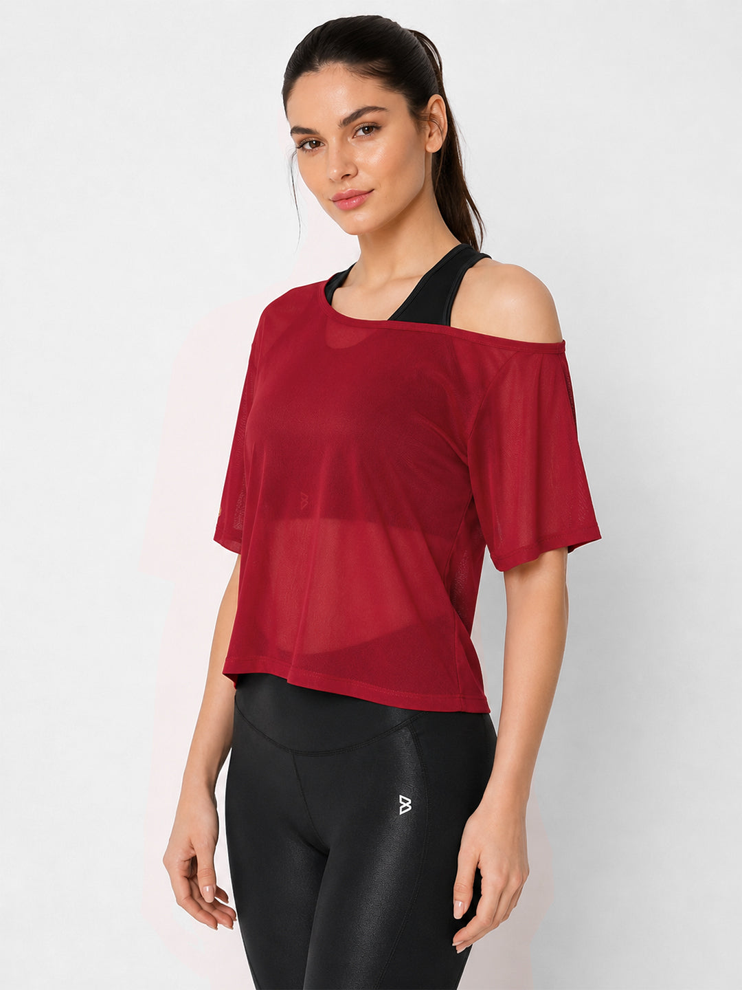 Aurora Red Off Shoulder Mesh Tee