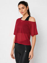 Aurora Red Off Shoulder Mesh Tee
