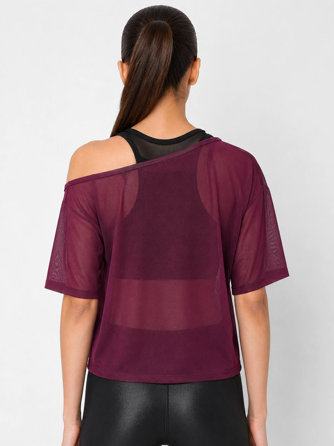 Wine Off-Shoulder Mesh Tee