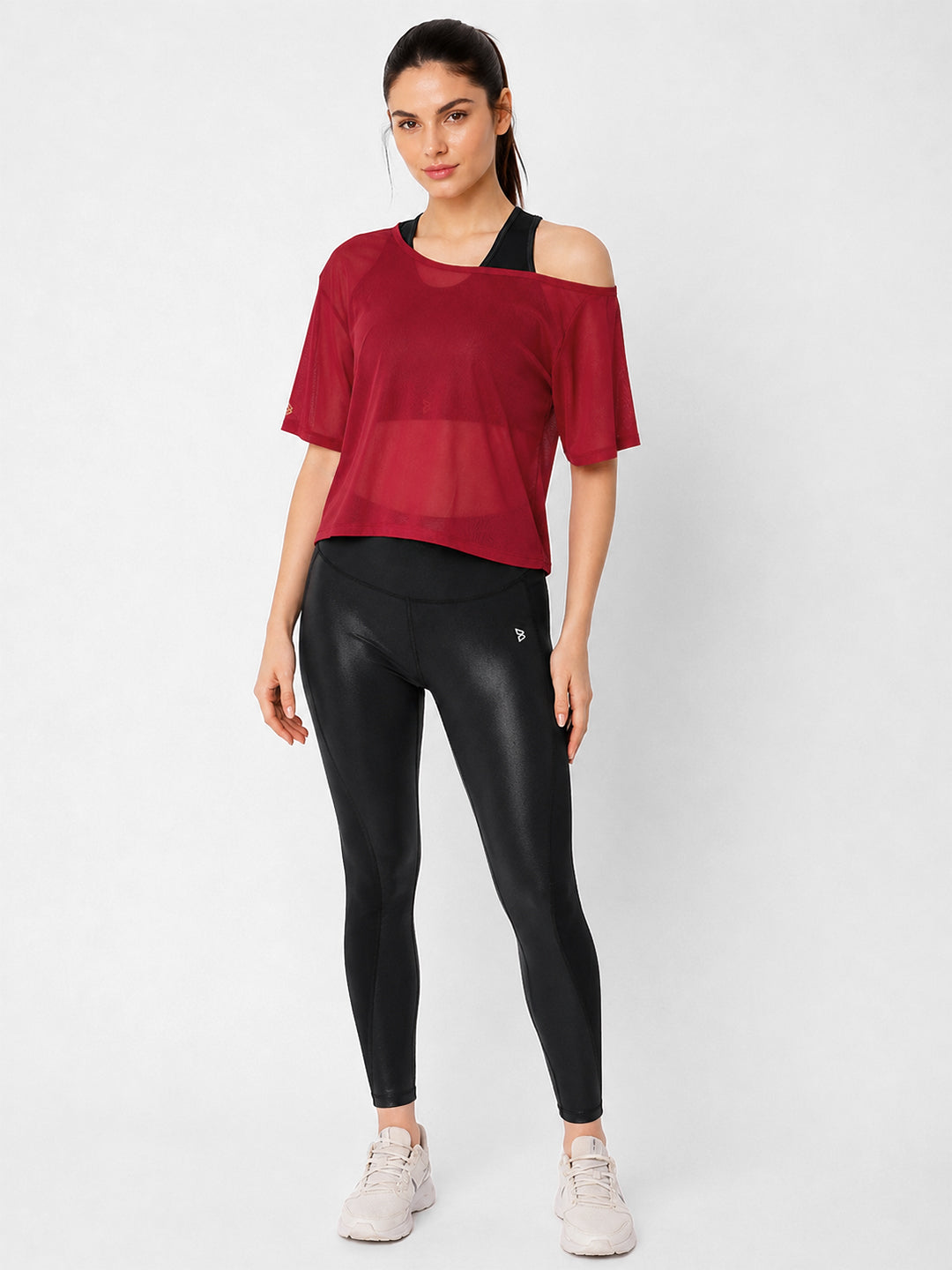 Aurora Red Off Shoulder Mesh Tee