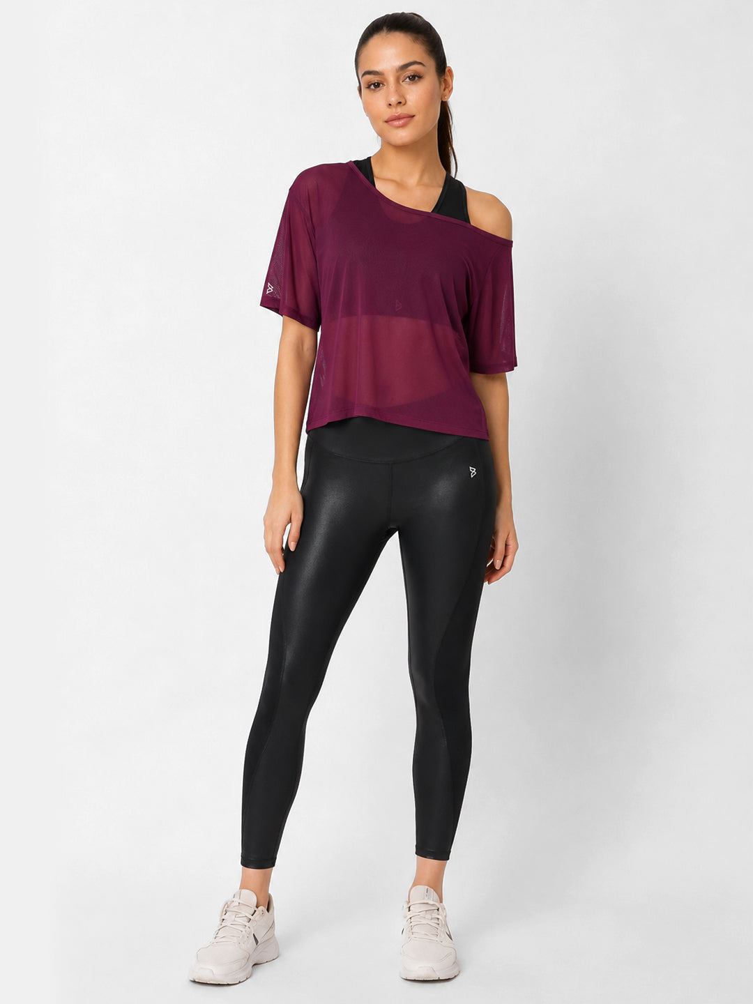 Wine Off-Shoulder Mesh Tee