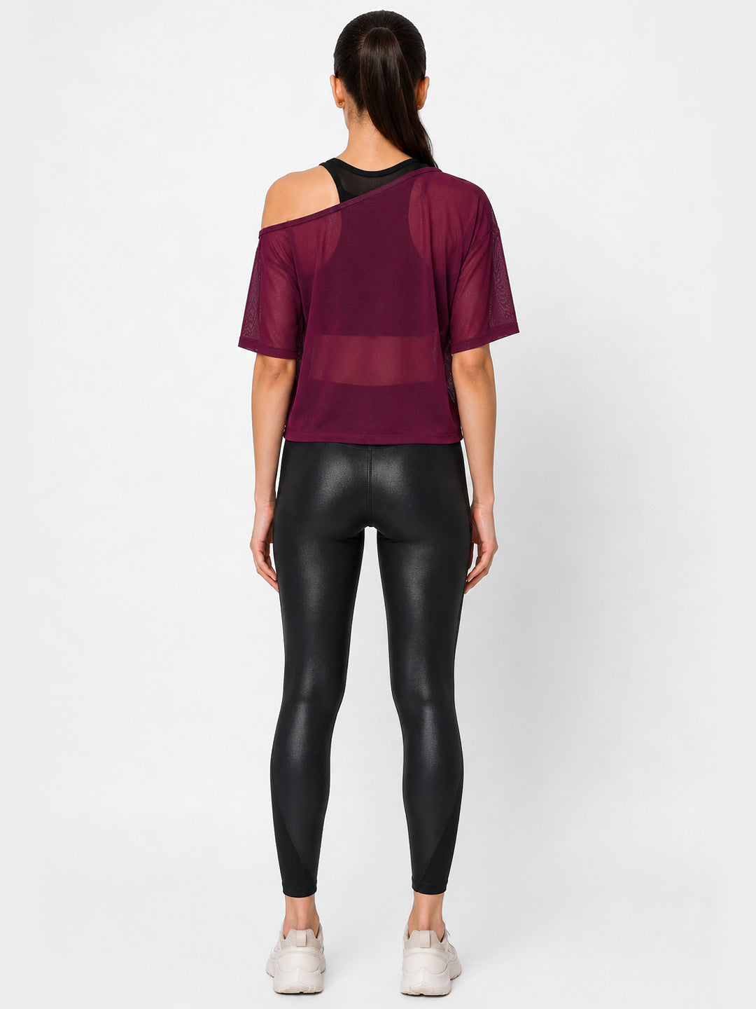 Wine Off-Shoulder Mesh Tee