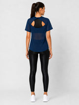 Crystal Teal Twisty Back Mesh Tee