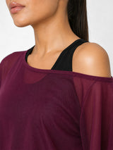 Wine Off-Shoulder Mesh Tee