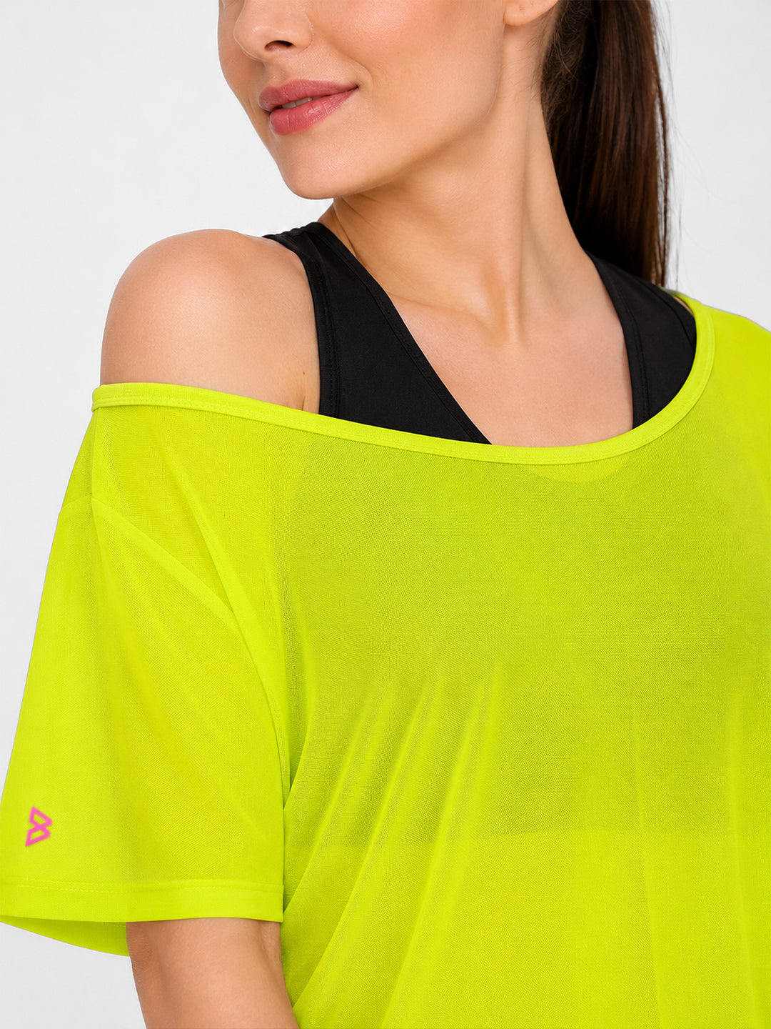 Neon Off-Shoulder Mesh Tee