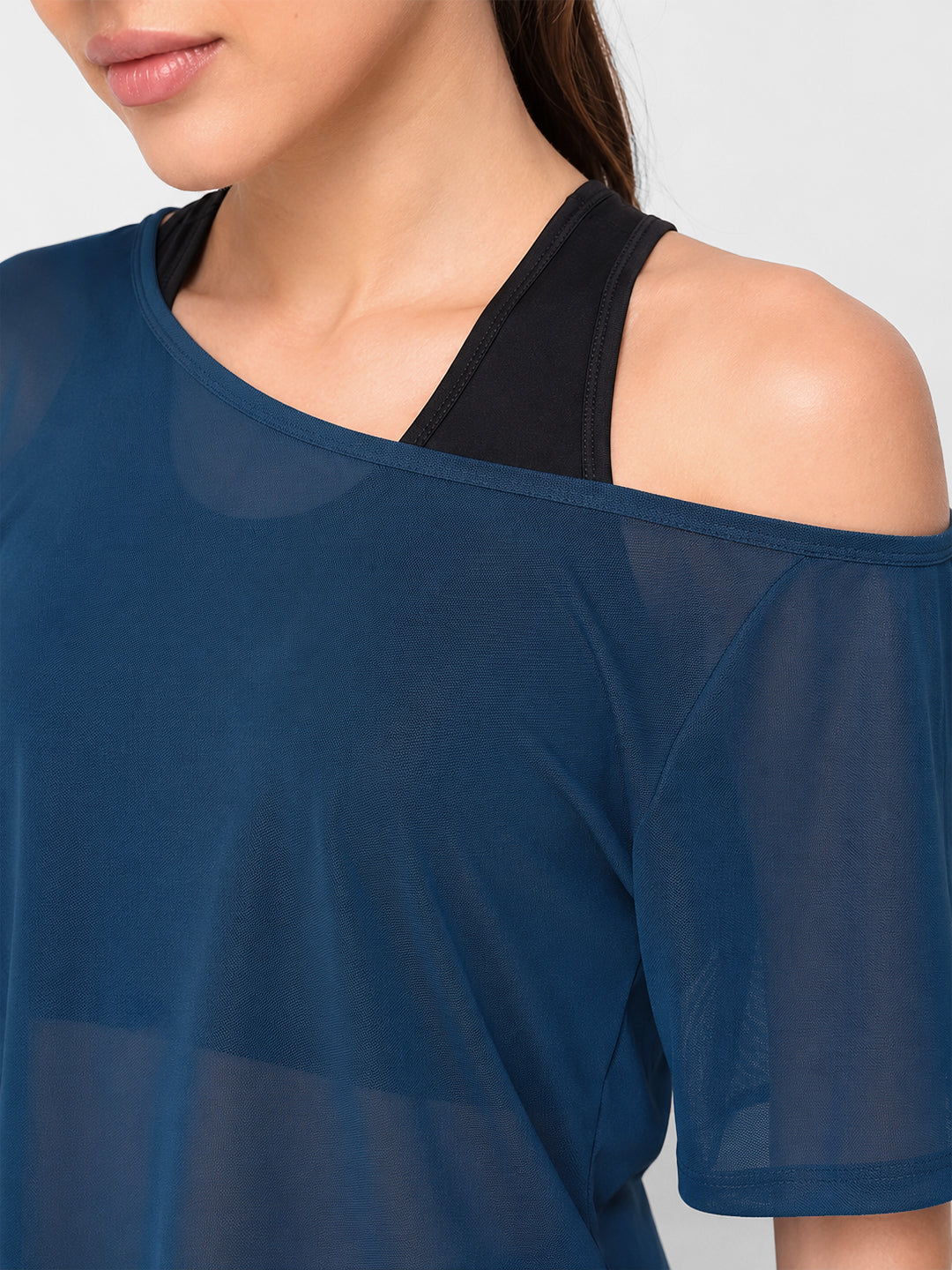 Crystal Teal Off Shoulder Mesh Tee