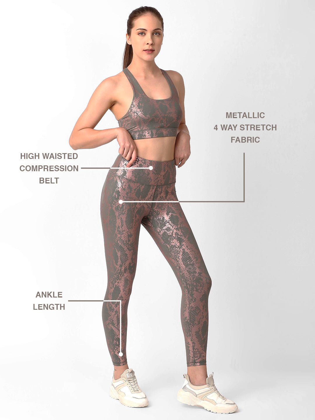 Grey And Rose Gold Metallic Snakeskin High Rise Leggings BODD ACTIVE