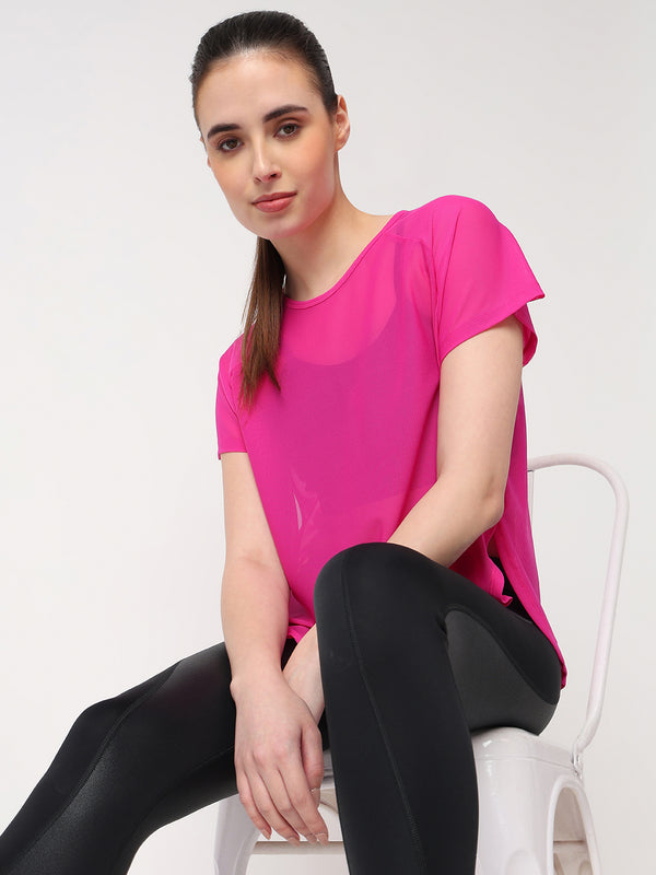 Hot Pink All Mesh Sheer Tee