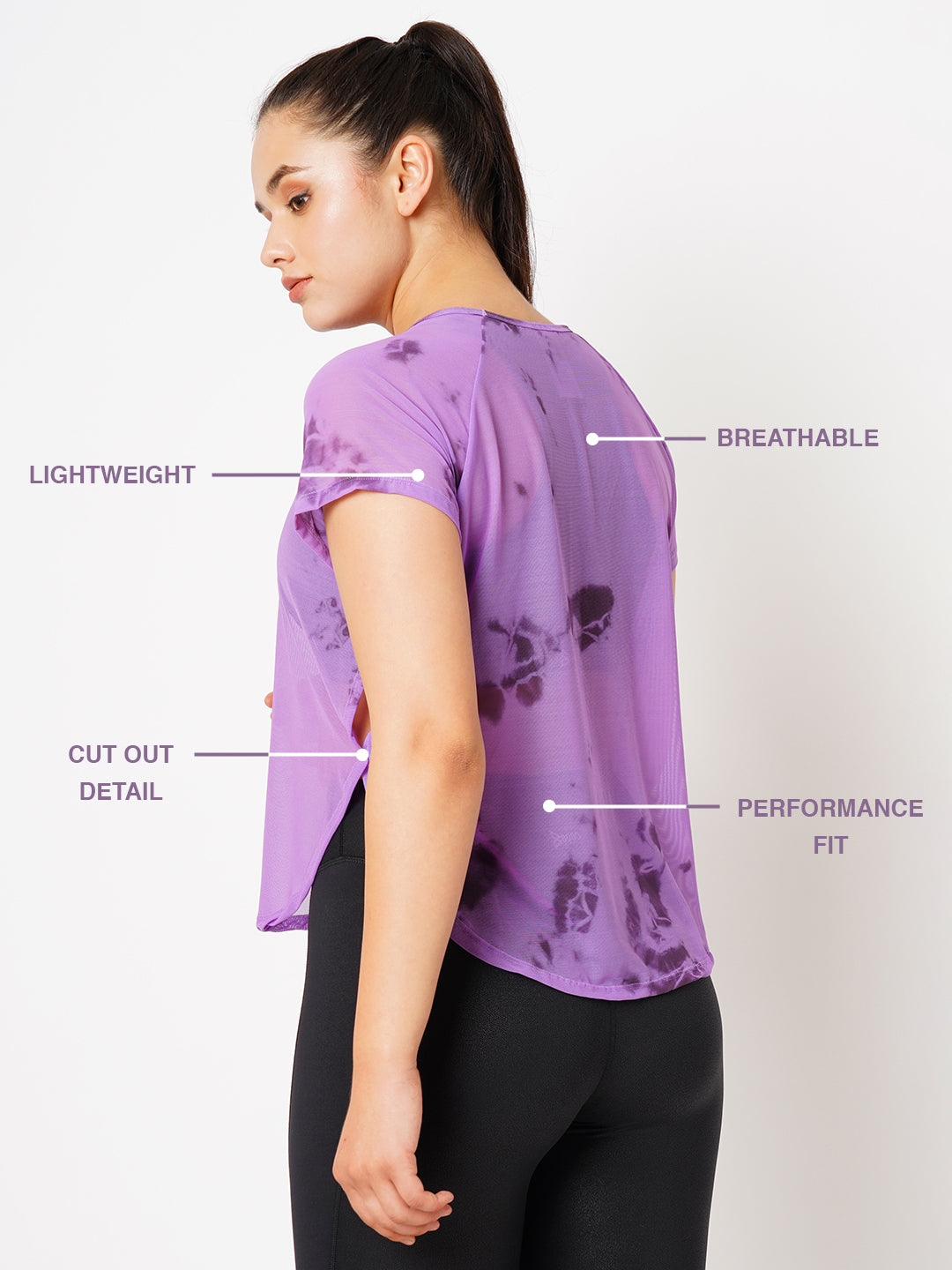 Purple Tie Dye All Mesh Sheer Tee BODD ACTIVE