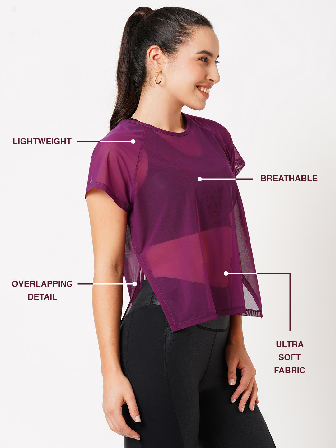 Wine Overlapping Mesh Tee BODD ACTIVE