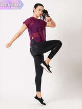 Wine Overlapping Mesh Tee BODD ACTIVE