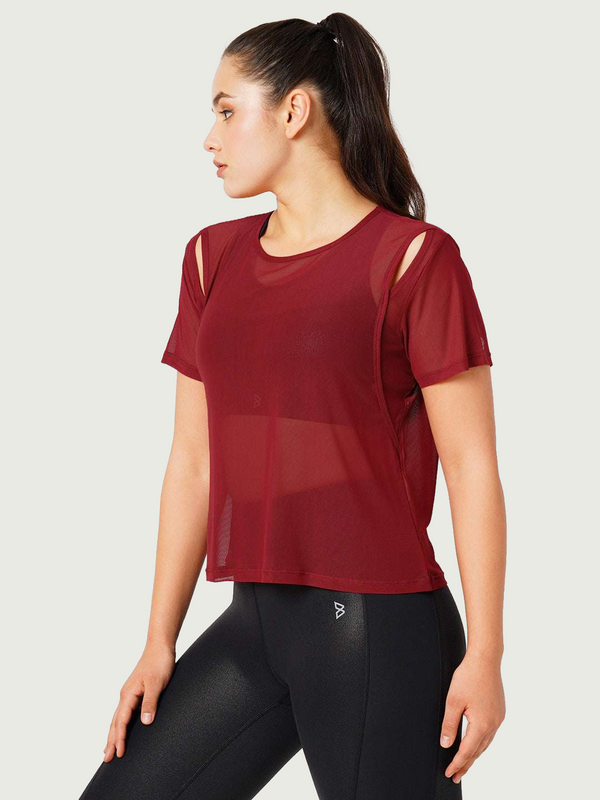 Aurora Red Off Shoulder Mesh Tee