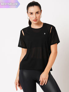 Black Cut Out Mesh Tee BODD ACTIVE