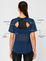 Crystal Teal Twisty Back Mesh Tee