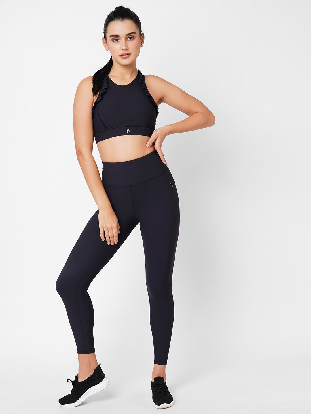 Black Ribbed Frill Leggings Set BODD ACTIVE