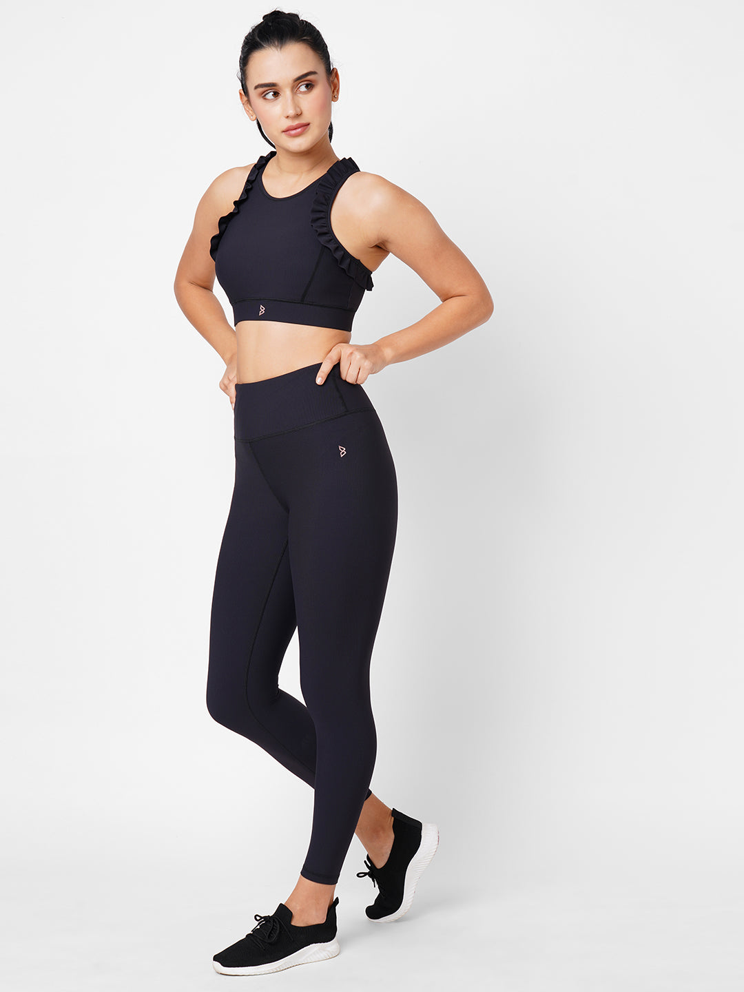 Black Ribbed Frill Leggings Set BODD ACTIVE