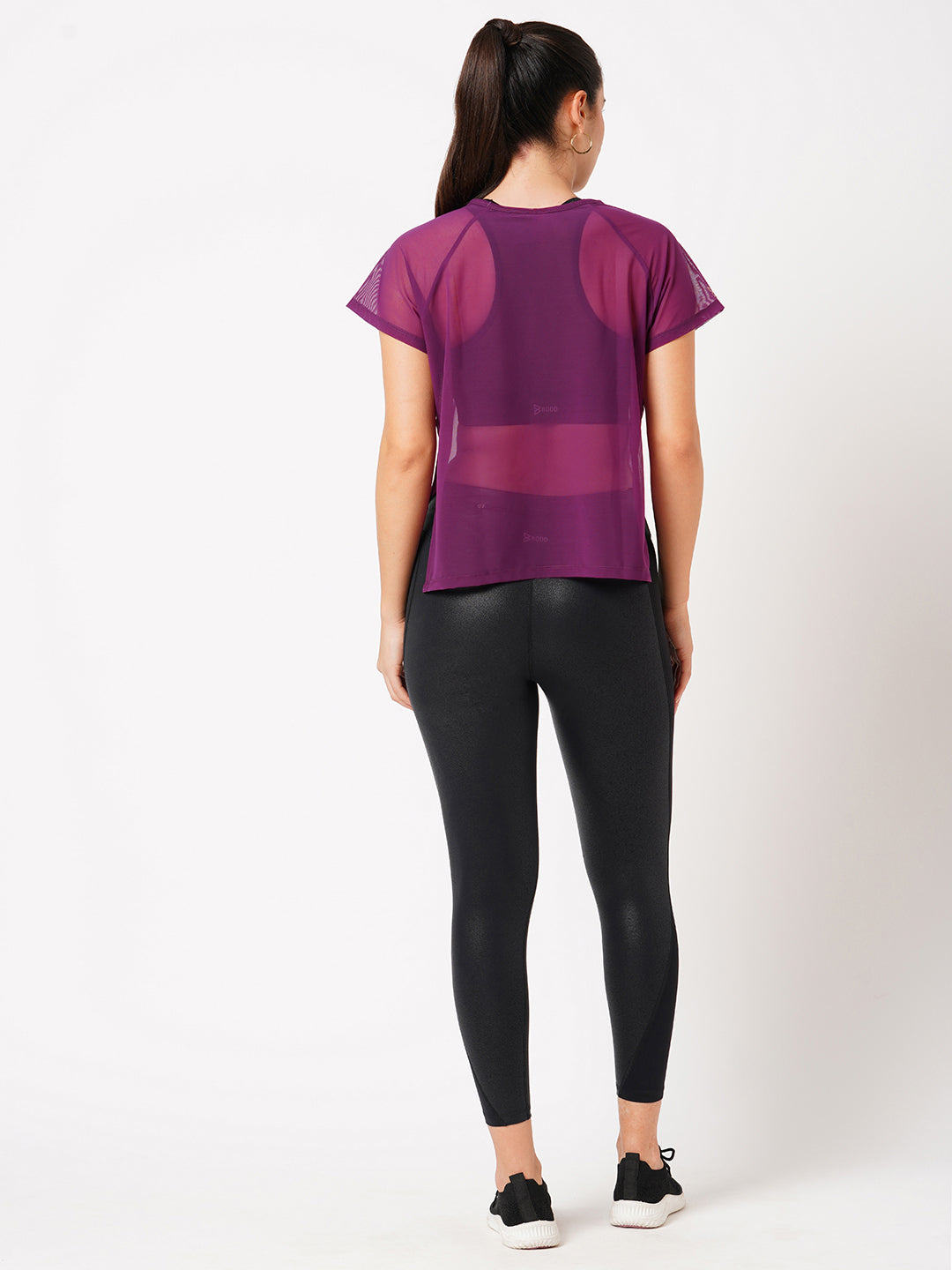 Wine Overlapping Mesh Tee BODD ACTIVE