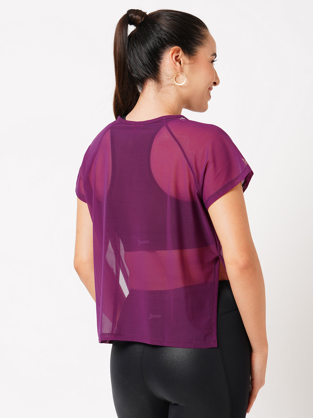 Wine Overlapping Mesh Tee BODD ACTIVE