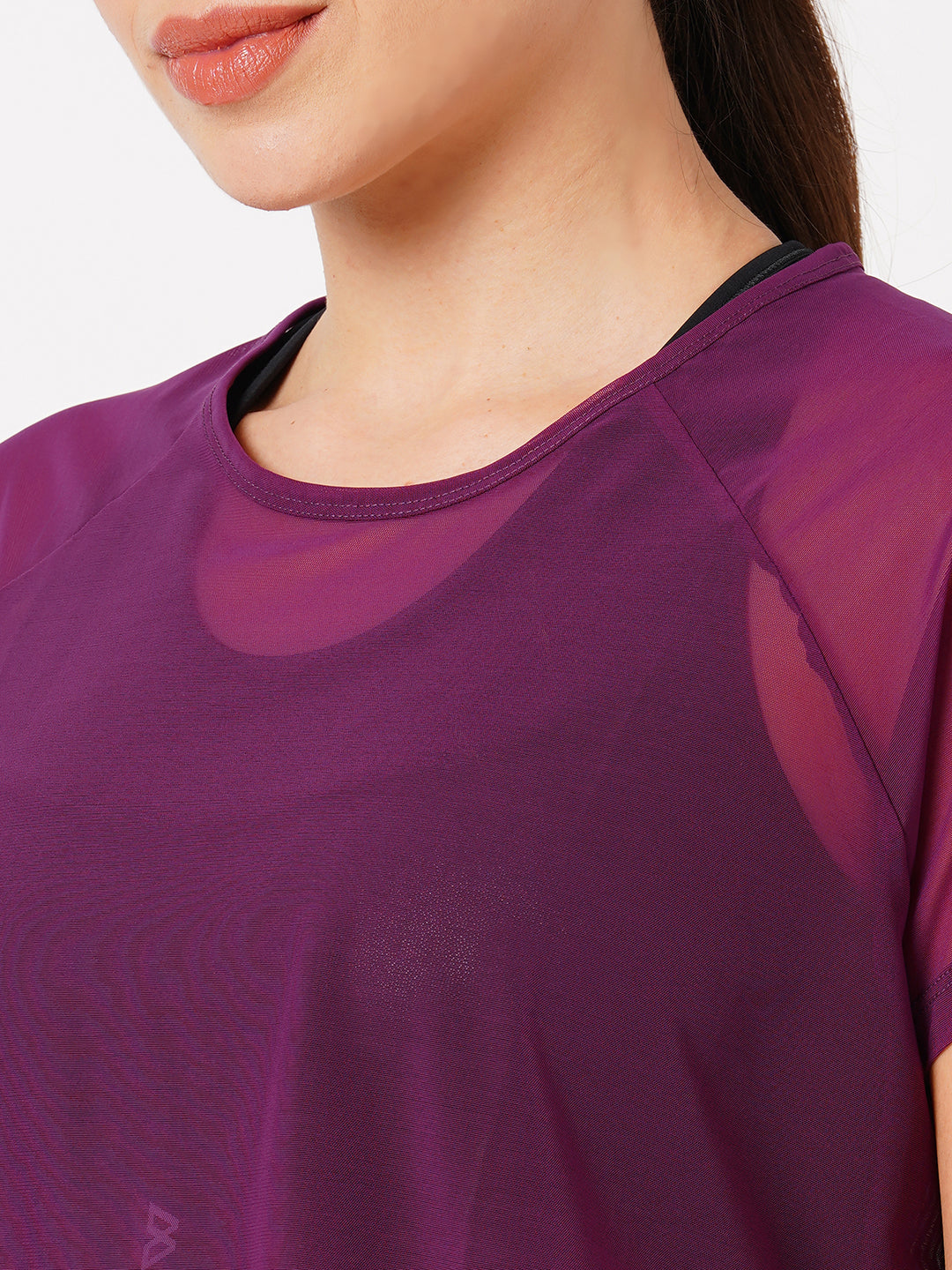 Wine Overlapping Mesh Tee BODD ACTIVE