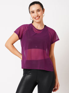 Wine Overlapping Mesh Tee BODD ACTIVE