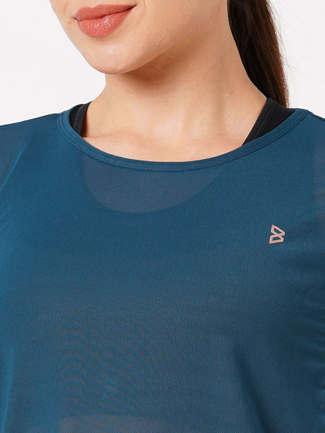 Crystal teal off shoulder mesh tee