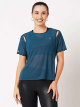 Crystal teal off shoulder mesh tee