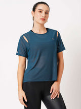 Crystal teal off shoulder mesh tee
