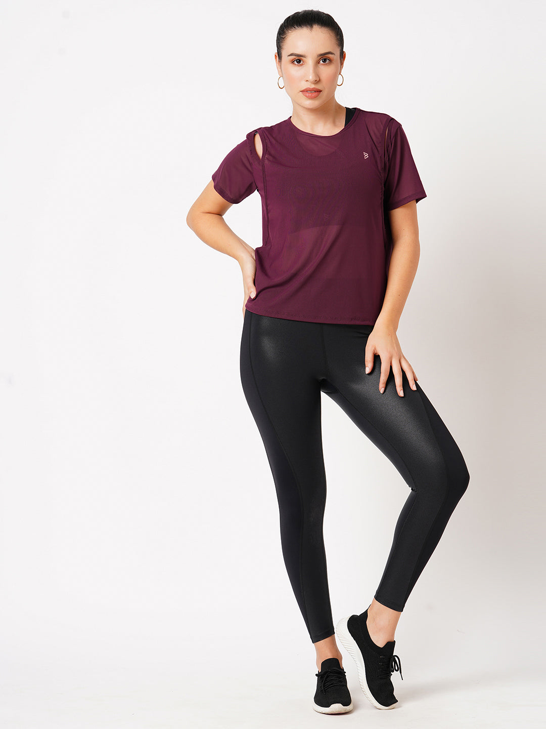 Wine Cut-Out Mesh Tee BODD ACTIVE