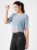 High Above The Waves Ruffled Blue Mesh Tee