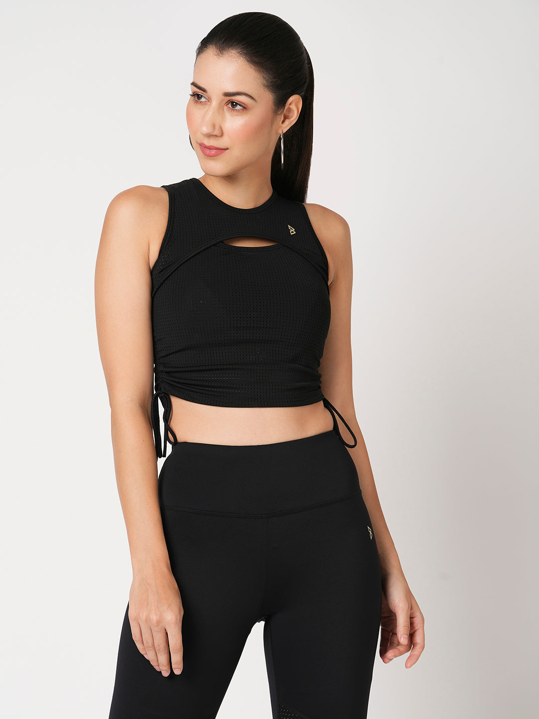 Black Mesh Rouched Top BODD ACTIVE