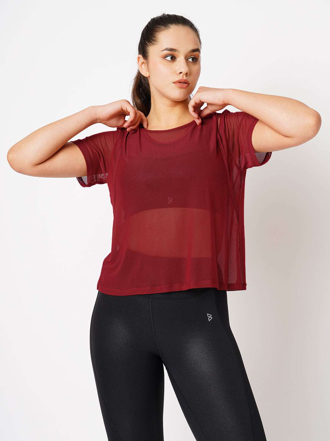 Aurora Red Off Shoulder Mesh Tee