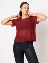 Aurora Red Off Shoulder Mesh Tee