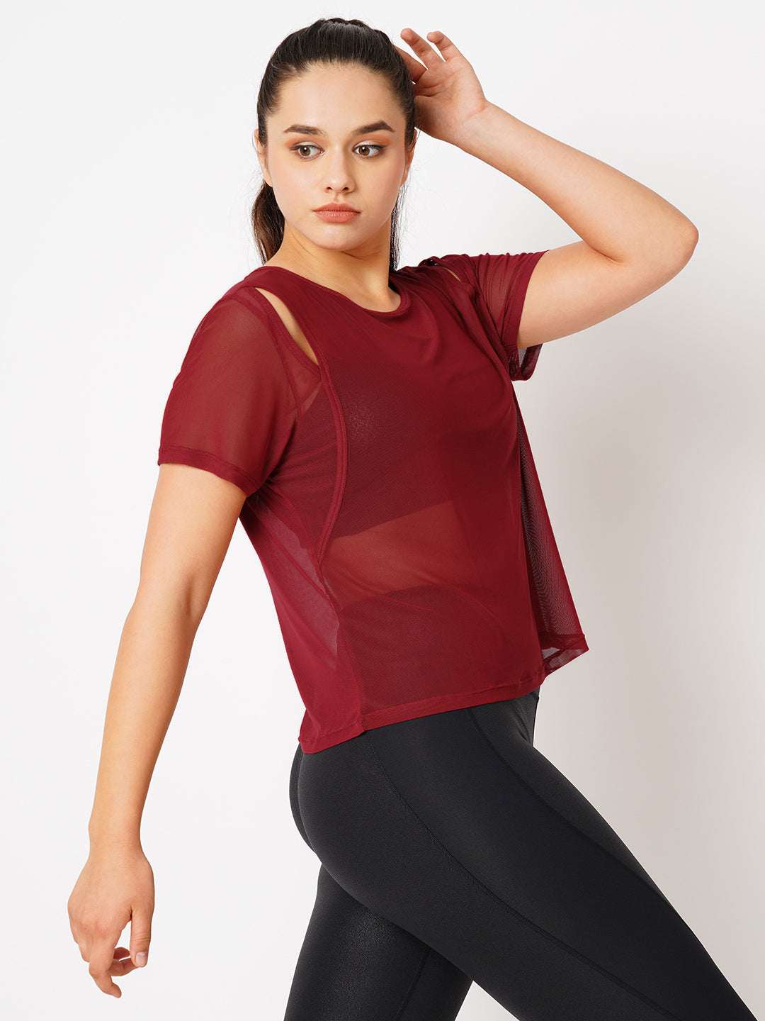 Aurora Red Off Shoulder Mesh Tee