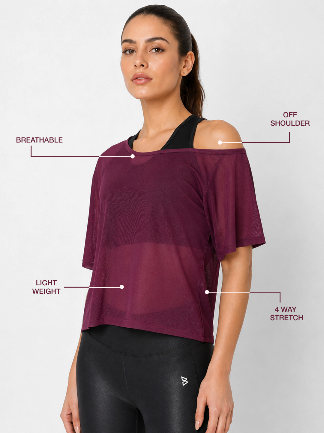 Wine Off-Shoulder Mesh Tee