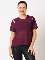 Wine Cut-Out Mesh Tee