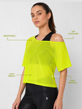 Neon Off-Shoulder Mesh Tee