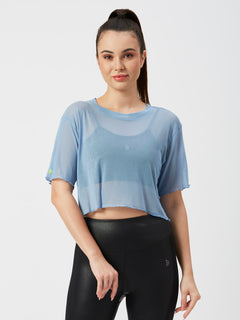 High Above The Waves Ruffled Blue Mesh Tee