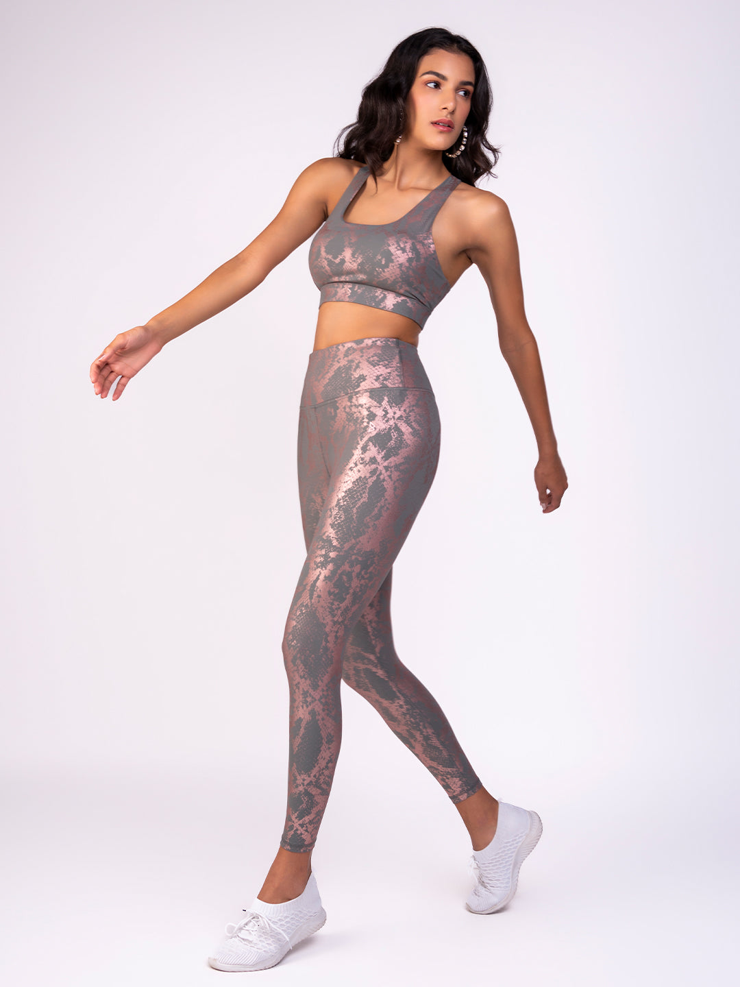 Grey And Rose Gold Metallic Snakeskin High Rise Leggings BODD ACTIVE