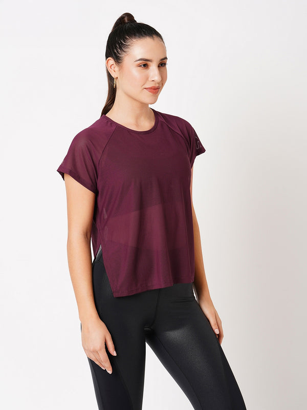 Plum Overlapping Mesh Tee