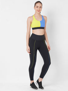 Vista Blue And Neon Colour Block High Rise Leggings boddactive.com