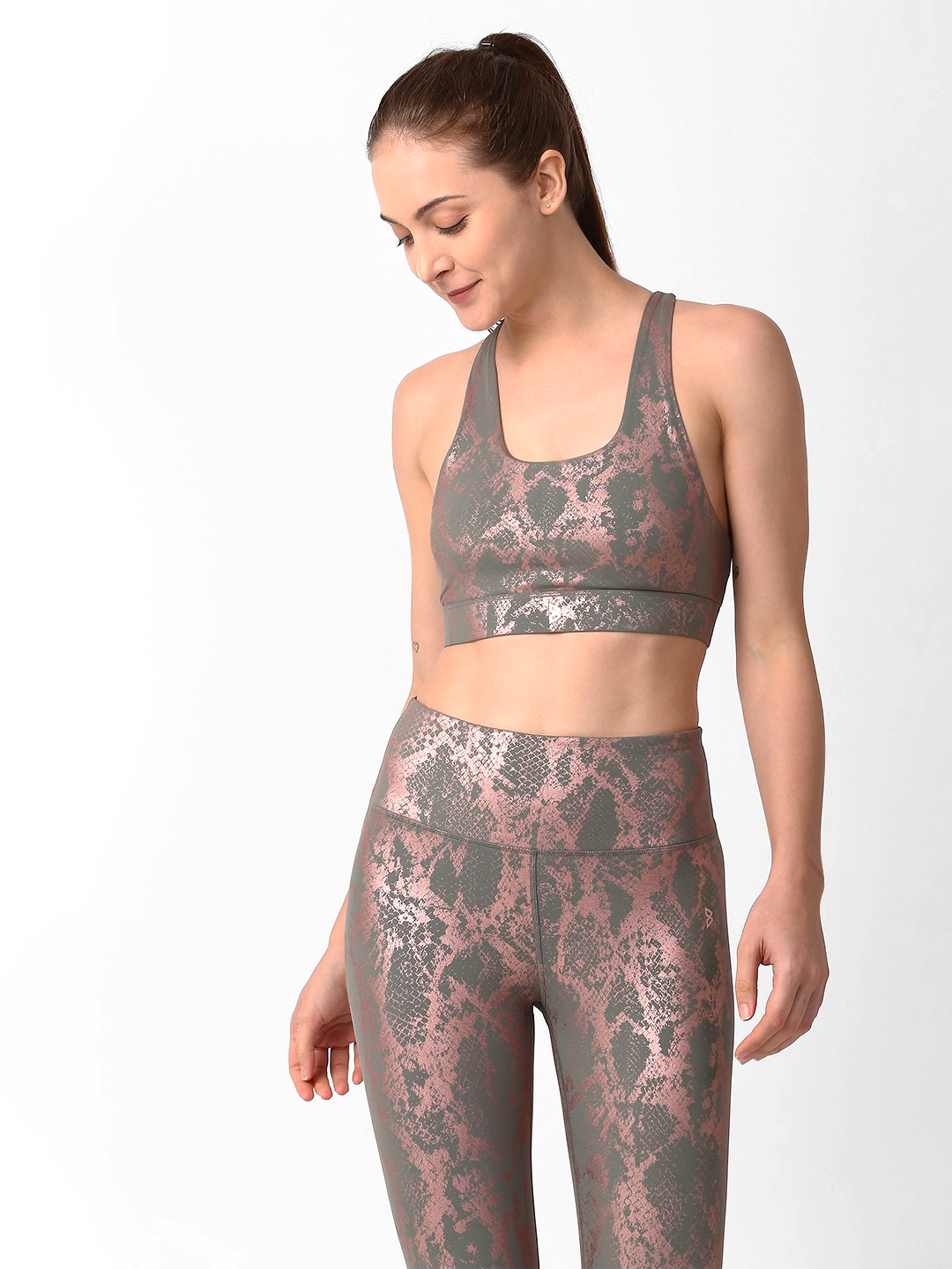 Grey And Rose Gold Metallic Snakeskin High Rise Leggings BODD ACTIVE